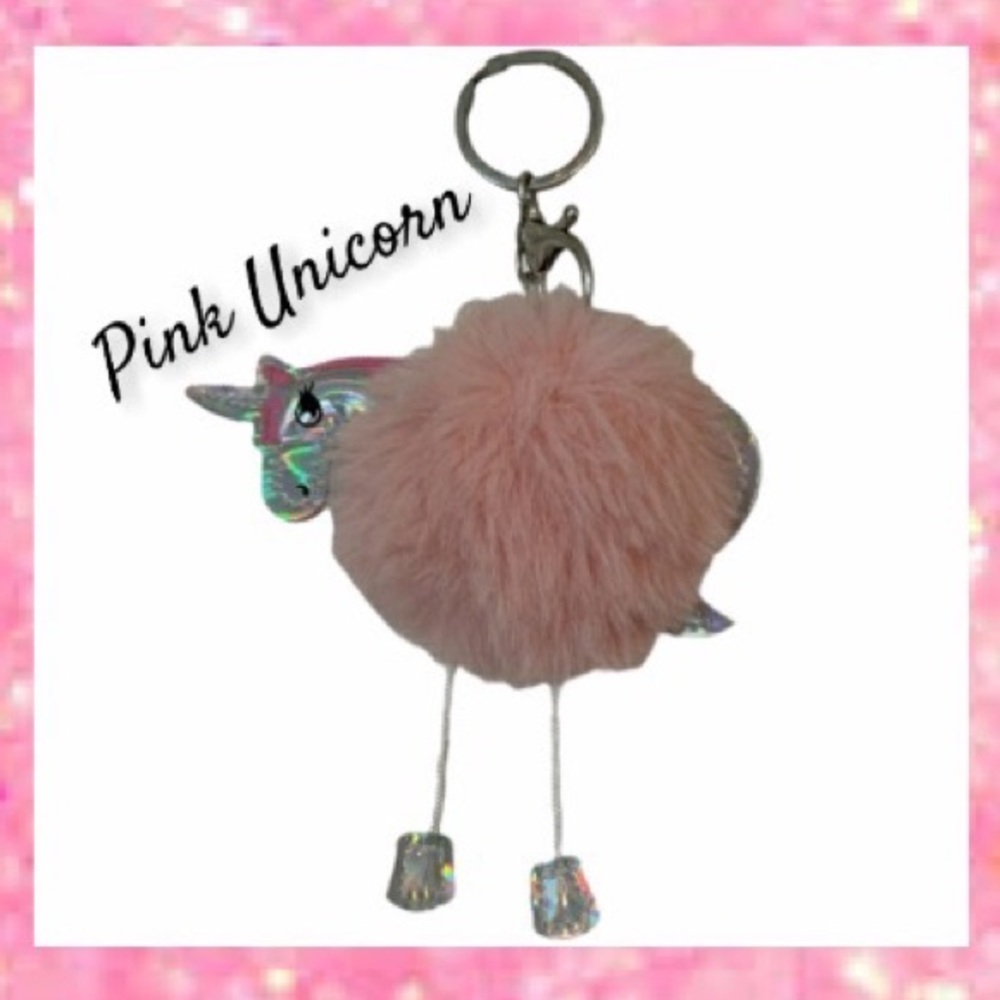 Unicorn Bag Charm Keychain Pink Puff Ball Whimsical Iridescent Jewelry Charms